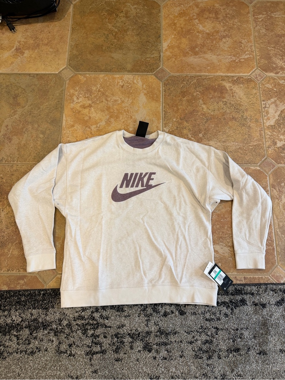 Nike Crewneck Sweatshirt in Cream with Purple Logo